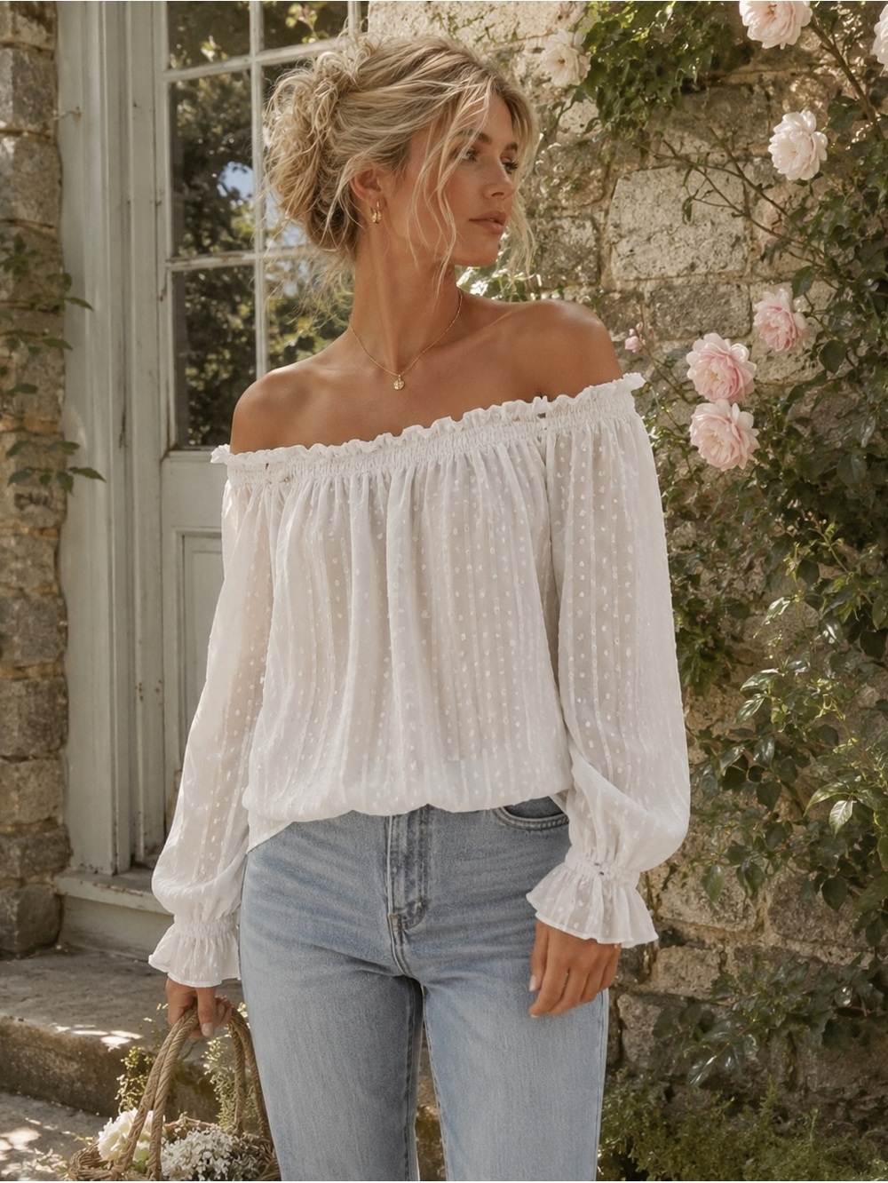 NWTS OYOANGLE White Swiss Dot
Romantic Feminine Cottagecore  Off Shoulder Top M